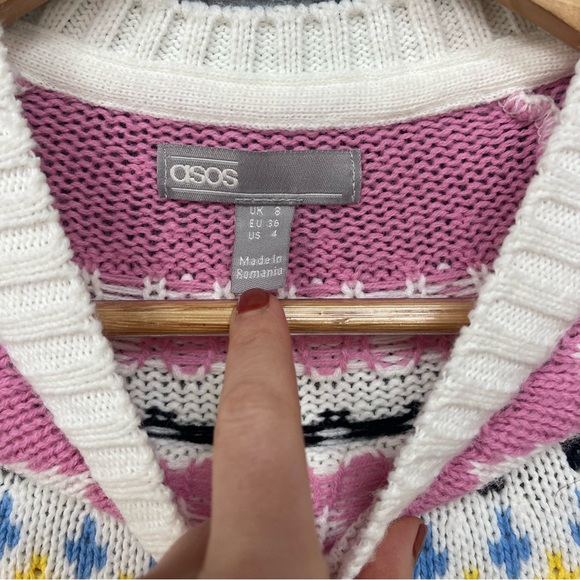 ASOS DESIGN ski pattern fairisle jumper crewneck cream pink yellow sweater - Picture 9 of 12